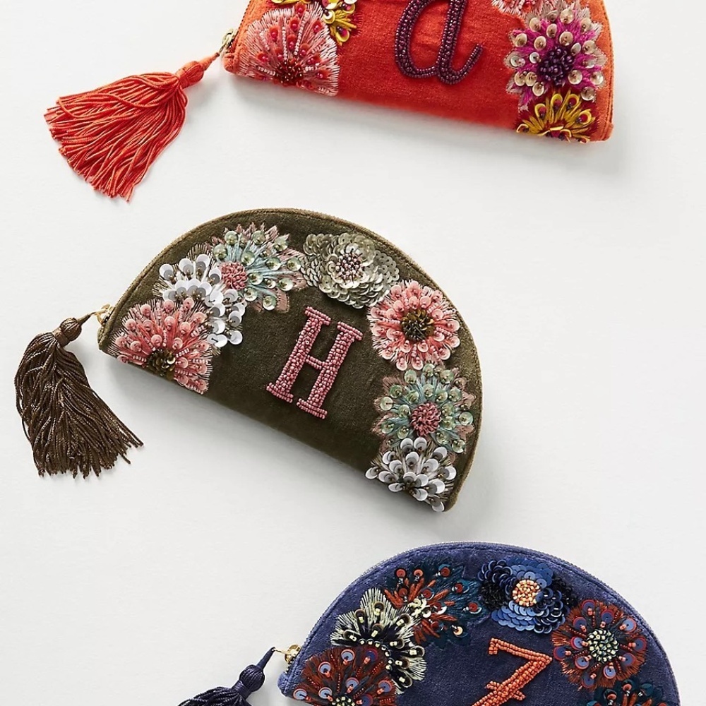 Anthropologie Velvet Crescent Monogram Pouch Letter A - Picture 2 of 2
